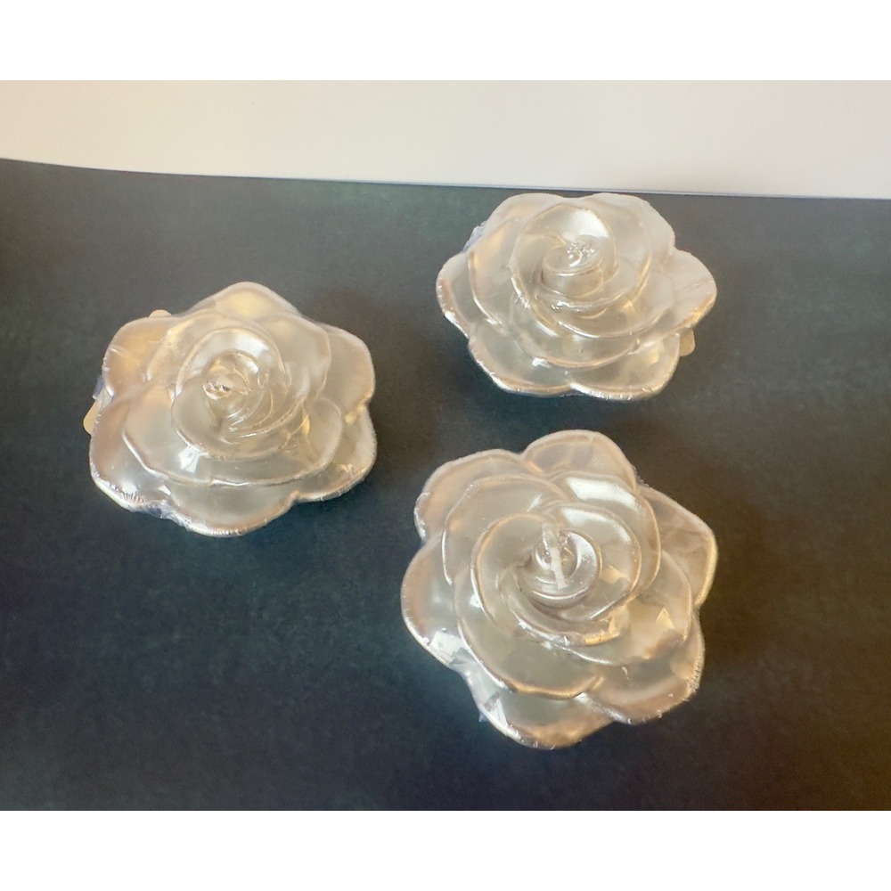 Set of 3 Silver White Rose Shaped Decorative Floating Candles Floral Decor